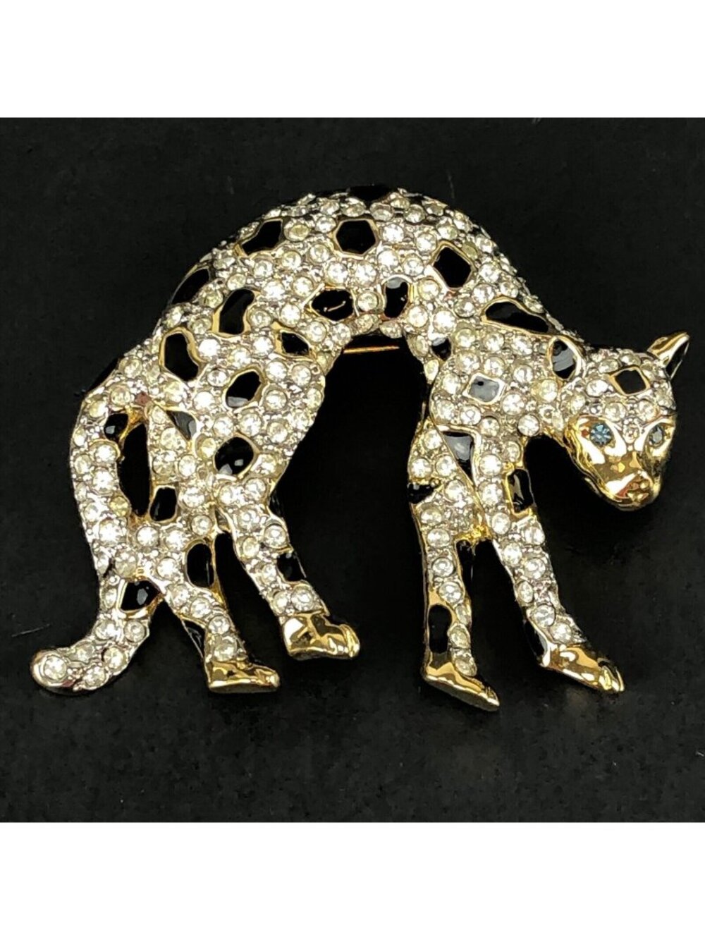 Vintage Brooch Rhinestone & Enamel Cat Leopard Gold-tone